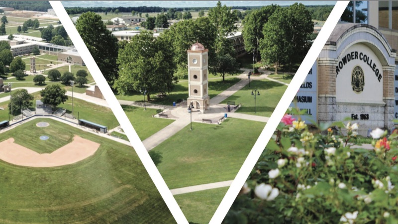 Crowder College campus showing aerial view, bell tower, and entrance sign